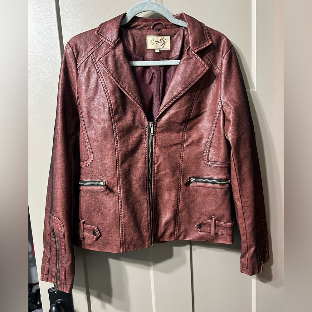 Scully Women's Deep Crimson Brown vegan Leather bomber moto Jacket zip up